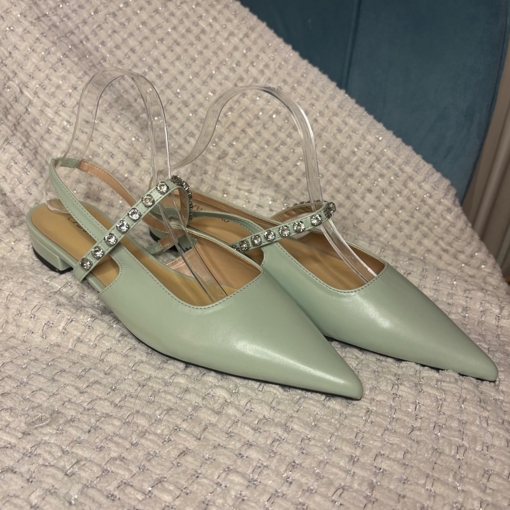 Crystal Strap Slingback Flats (Aida) in light green size 40.5